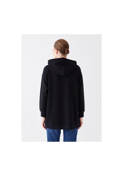 LC Waikiki Kapüşonlu Düz Uzun Kollu Kadın Sweatshirt Tunik Siyah