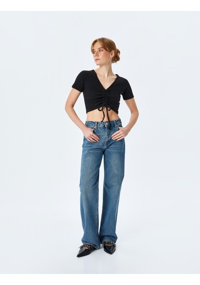 Koton Büzgülü Slim Fit V Yaka Kısa Kollu Crop Tişört Siyah 5sak50248ek Siyah