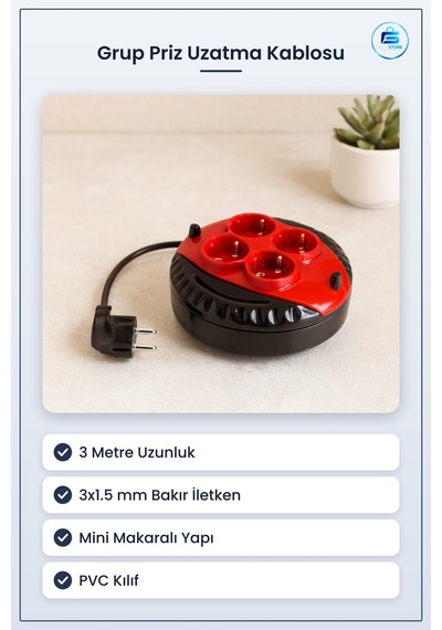 Grup Priz Uzatma Kablosu 3 M 3x1.5 Mm Mini Makaralı Bakır Pvc Kıl 3 M