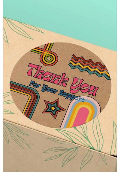 Kraft Retro Çizgili Thank You Support Sticker 3x3cm St2199 Çok Renkli
