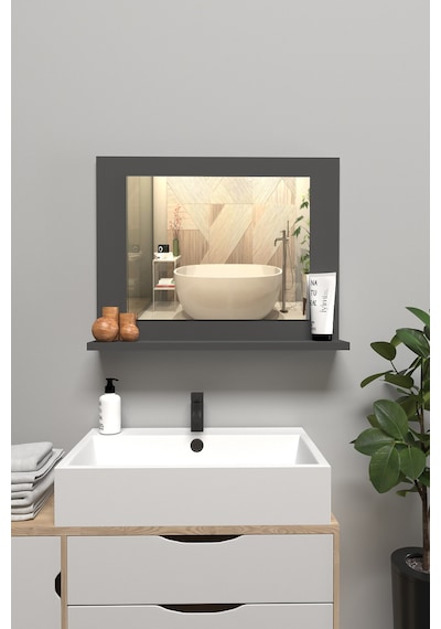 Raflı Banyo Aynası, Lavabo Ve Wc Aynası, Dresuar , Koridor , Mutfak , Makyaj Modern Duvar Tipi Ayna Antrasit Gri