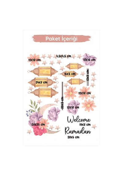 Welcome Ramadan Çiçekler Soft Renkli Fenerler Cam Duvar Sticker Seti Ramazan Süsü Çok Renkli
