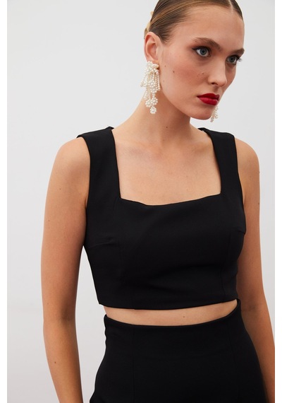 Sateen Kare Yaka Crop Bluz - Siyah-134915 Siyah