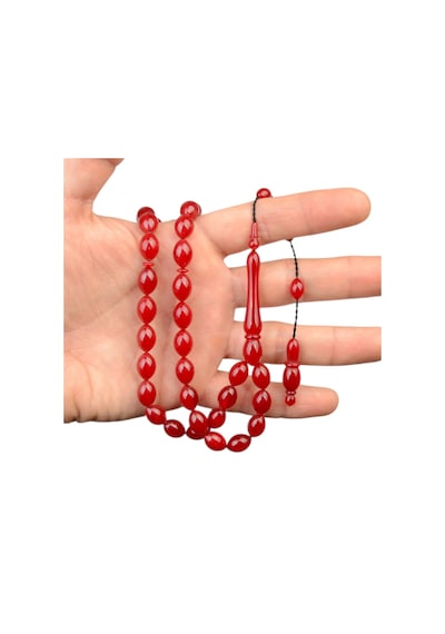 Arpa Kesim 11x8 Mm Sıkma Kehribar Sistem Püsküllü Tesbih Kırmızı
