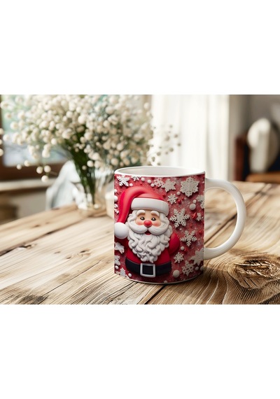 3d Görünümlü Noel Baba Kupa Bardak Kar Tanesi Desenli Kırmızı Yılbaşı Tasarım Kabartmasız Beyaz