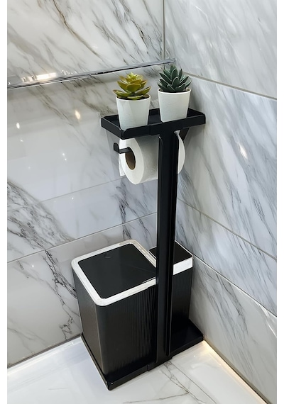 3'ü 1 Arada Banyo Seti Tuvalet Kağıtlık, Çöp Kovası Ve Tuvalet Fırça Takımı Set Çizgili Krom Siyah Diğer
