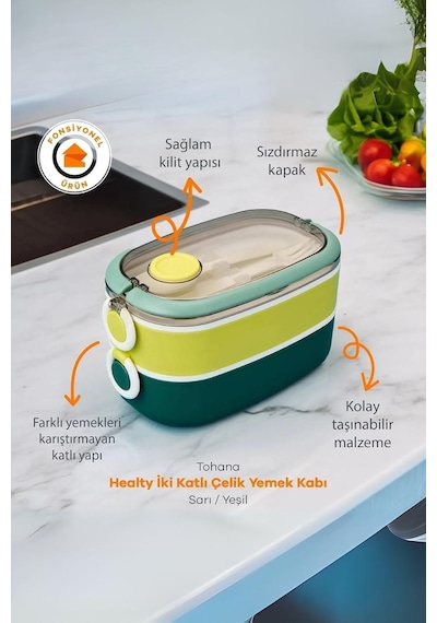 Bento 1300ml Lunchbox 2 Katlı 3 Bölmeli Paslanmaz Çelik Sefer Tası Yemek Kutusu Mavi-fıstık Yeşili Çok Renkli