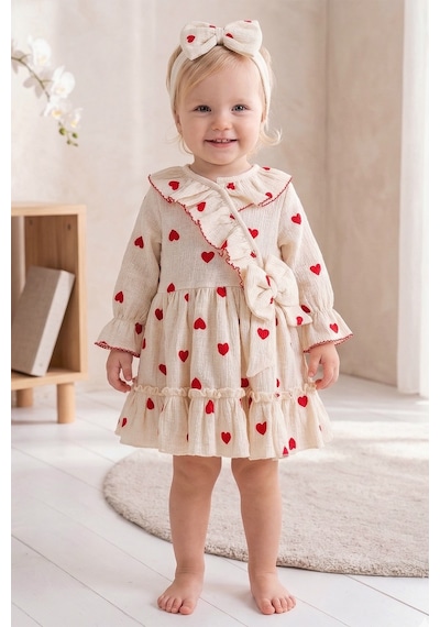 Babymod Kalp Desenli 100% Pamuk Bandanalı Kız Bebek Elbise Kırmızı