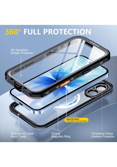 Apple Uyumlu iPhone 17 İle Uyumlu Kılıf Su Geçirmez 360 Derece Koruma Waterproof Telefon Kılıfı Siyah