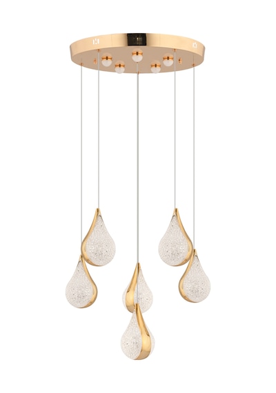 Biana 6'lı Yuvarlak Gold Damla Başlıklı Modern Salon Led Avize Altın