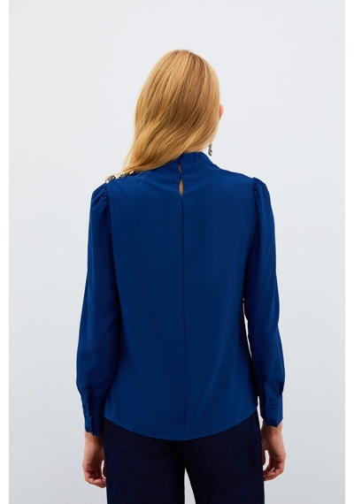 Sateen Düğmeleri Taş Detaylı Bluz - Lacivert-134895 Lacivert