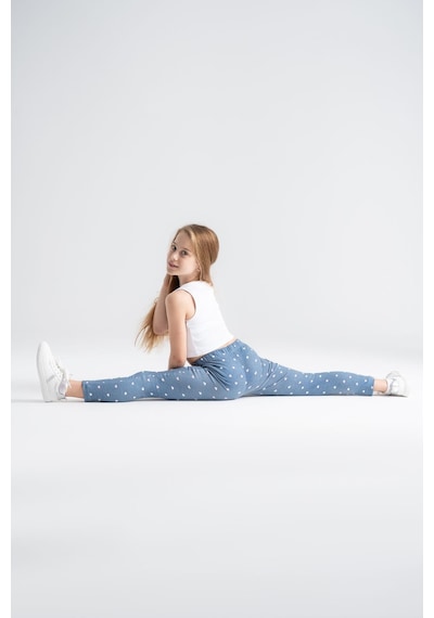 Rahat Giyilen Kız Çocuk Taytı Kalp Desenli Mavi Denim Mavi