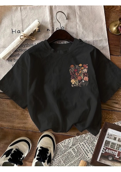 Flovers Baskılı Tasarım Tshirt Siyah