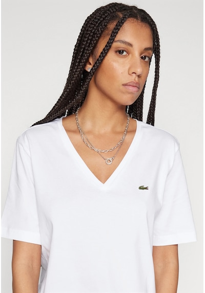 Lacoste Kadın V Yaka T-shirt Classic Logo Nakış Beyaz