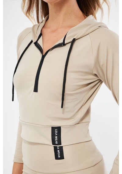 Lesa Wear Kapüşonlu Içi Polarlı Yumuşacık Şardonlu Kaşkorse Crop Likra Sweatshirt BEJ