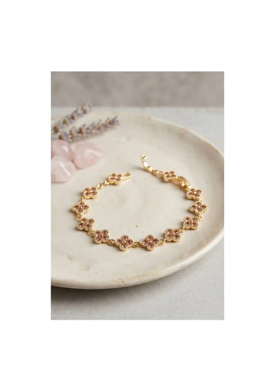 Gold Renk Pembe Zirkon Taşlı Yonca Model Kadın Bileklik Tj-bb8890 Evimdeyokyok