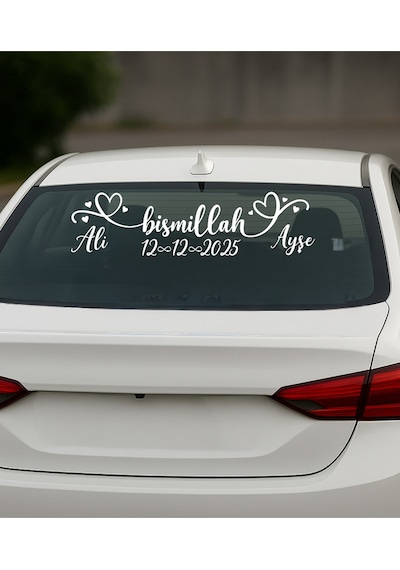 Kişiye Özel Gelin Arabası Arka Cam Yazısı Bismillah, İsim, Tarih Ve Dekorlu Sticker 15 X 58 Cm