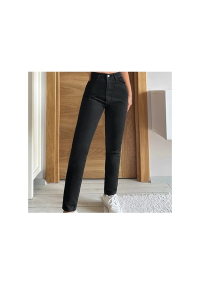 Kene Jeans Yüksek Bel Tam Kalıp Mom Jeans Siyah
