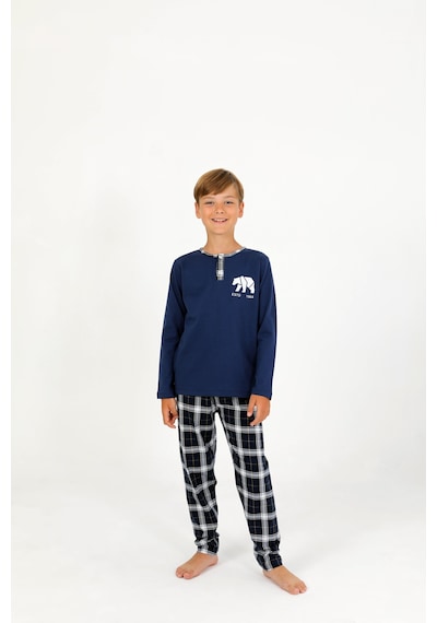 Vitmo Erkek Çocuk Uzun Kollu %100 Pamuklu Düğme Detaylı Pijama Takımı Everest İndigo