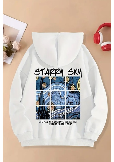 Uyguntarz Starry Sky Baskılı Unisex Oversize Sweatshirt beyaz