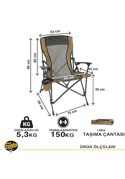 Funky Chaırs Safari Xl Katlanabilir Kamp Piknik Plaj Sandalyesi - 150 Kg Taşıma Kapasiteli, Taşıma Çantalı, Büyük Boy, Fileli Kahverengı