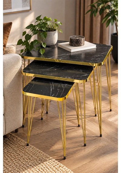 Sulorahome Siyah Mermer Desenli Gold Metal Ayaklı 3'lü Zigon Sehpa Takımı