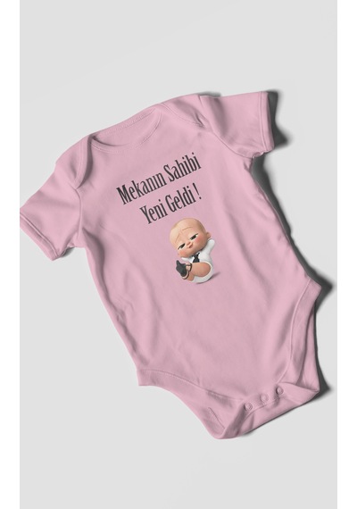 Mekanın Sahibi Yeni Geldi Baskılı Bebek Zıbını Çıtçıtlı Body 8 Renk %100 Pamuk Kısa Kol Koyu Pembe