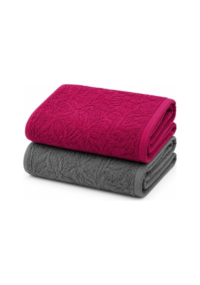 2'li Jakarlı Büyük Boy Banyo Havlusu 90x150 Cm %100 Pamuk Lorea 650 Gr Fuşya-gri