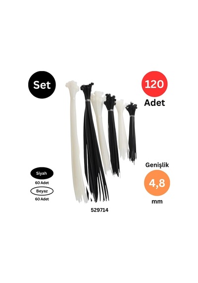 Tek-iş Plastik Kablo Bağı, 250-300-380 Mm X 4.8 Mm, Siyah Ve Beyaz, 120 Adet Set, İç/dış Mekan Genel