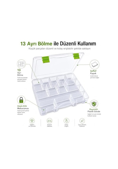 Ayrex 13 Bölmeli Organizer Kutu - Ayarlanabilir Bölmeli Şeffaf Saklama Ve Düzenleme Kutusu, Takı, Boncuk, Vida, Hob Genel
