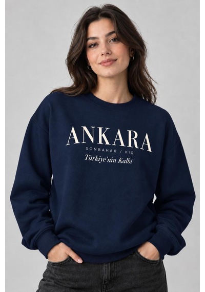 Gıovera Ankara Şehir Yazılı Bisiklet Yaka Kadın Sweatshirt Lacivert