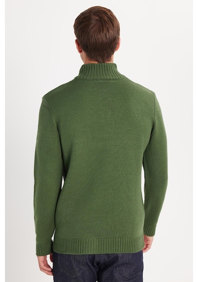 Tudors Erkek Slim Fit Dar Kesim Armürlü Fermuarlı Yeşil Dik Yaka Kazak-34920 Yeşil