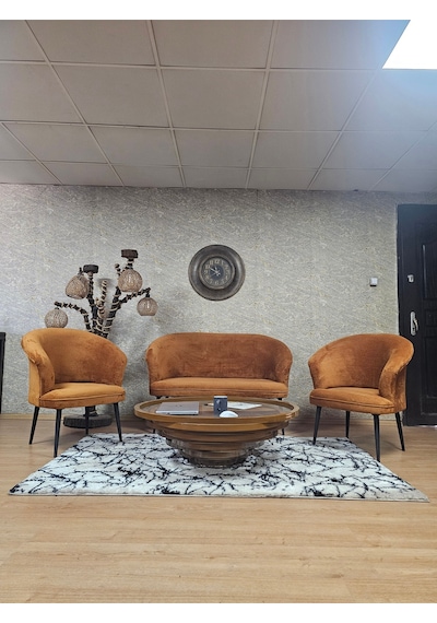 Zafir Teddy Takım Siyah Boyalı Sivriltme Ayak Çay Seti Koltuk - Berjer , Balkon, Salon, Ofis Turuncu