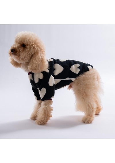 Siyah Kalp Desenli Love Night Sweat Dar Kalıp Kedi Köpek Sweati Kedi Köpek Kıyafeti Köpek Peluşu Sıcak Tutan Sweat