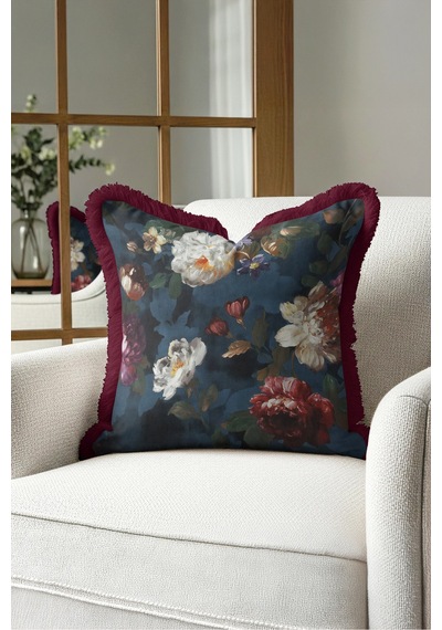 Çiçek Motifli Şakayık Saçaklı Yastık Kılıfı - Romantik Floral Lacivert Bordo Püsküllü Kırlent Kılıfı Puslu Vadi Nova Çiçek Motifli Şakayık Saçaklı Yastık Kılıfı - Romantik Floral Lacivert Bordo Püsküllü Kırlent Kılıfı Puslu Vadi Nova