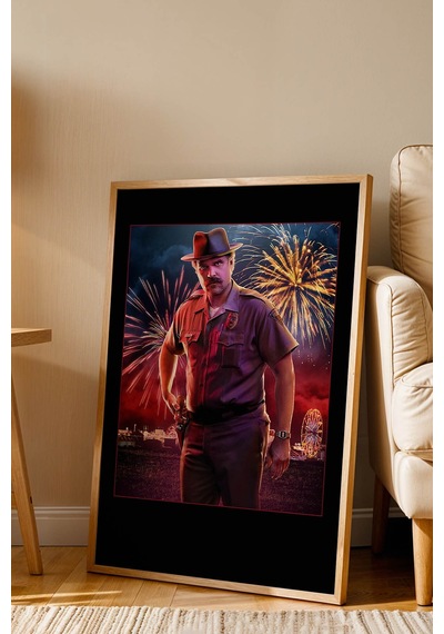Stranger Things Jim Hopper Tasarım Çerçeveli Tablo - Emniyet Müdürü Retro Sanatsal Duvar Dekoru Kayın