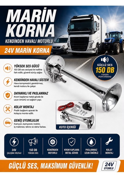24v Marin Korna Kendinden Motorlu 150 Db Krom Korumalı Yüksek Sesli Universal