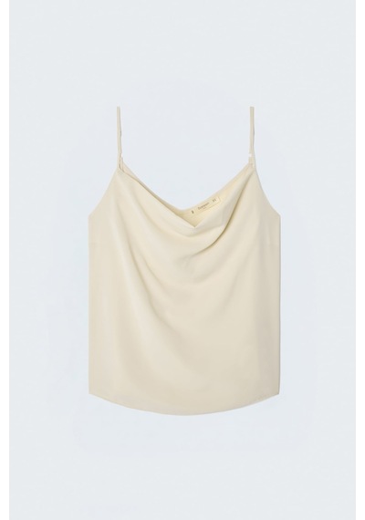 Sateen Askılı Degaje Yaka Bluz - Bej-137662