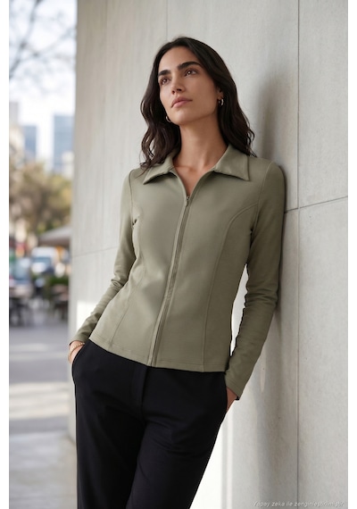 Lela Dikiş Detaylı Yarım Fermuarlı Örme Bluz Kadın Bluz 5866643 Olive