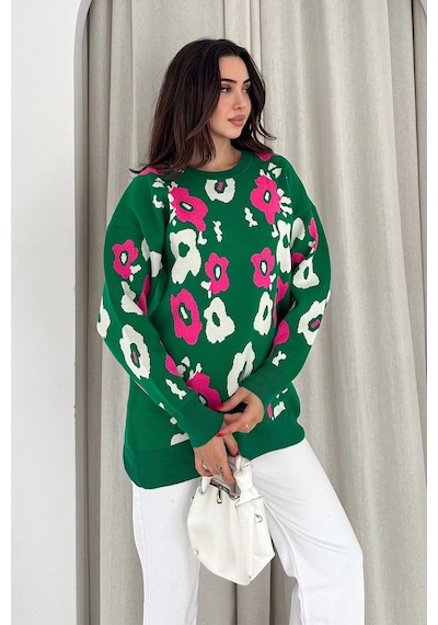 Bisiklet Yaka Uzun Kollu Çiçek Desenli Oversize Triko Kazak Yeşil Yeşil