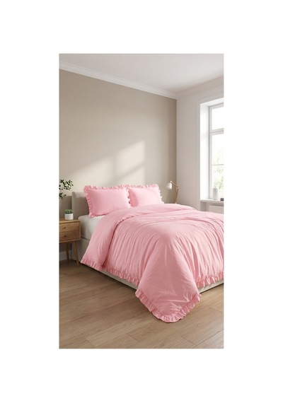 3 Parça Çarşafsız Pamuklu Kumaş Fırfırlı Çift Kişilik Nevresim Seti Pembe - 784822059 Pembe