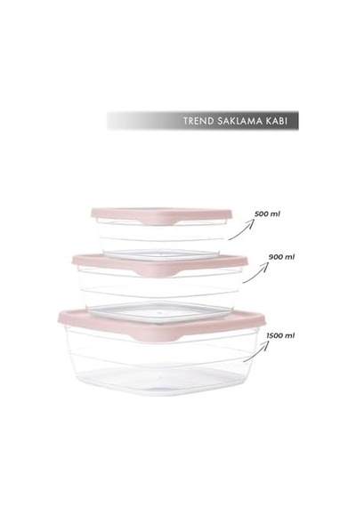 Trend Box Kare Sızdırmaz Kapak Saklama Kabı 3&apos Lü Set Pudra Pembe