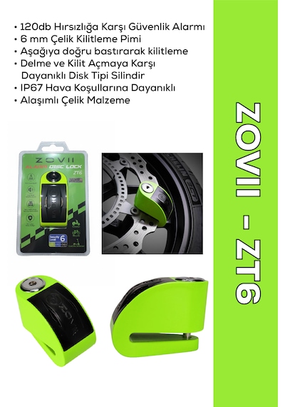 Zt6 Yeşil 120 Db Alarmlı Motosiklet Disk Kilidi Ip67, Su Geçirmez, Çelik Güvenlik Kilidi Disk Kilidi