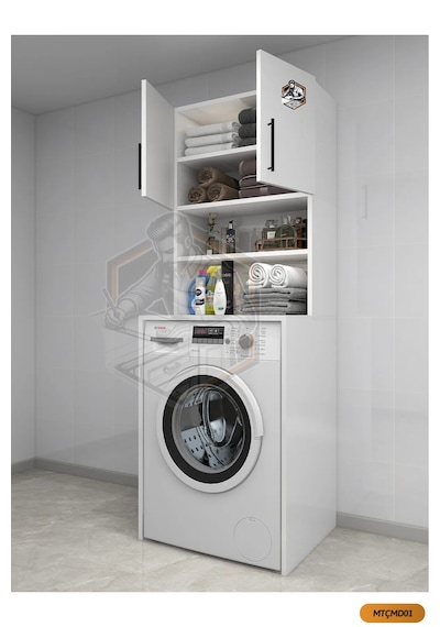 Tamamı Mdf Açık Raflı ve Kapaklı Çamaşır Makinesi Dolabı Beyaz