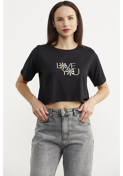 Oversize Baskılı Crop Tişört - Siyah Siyah