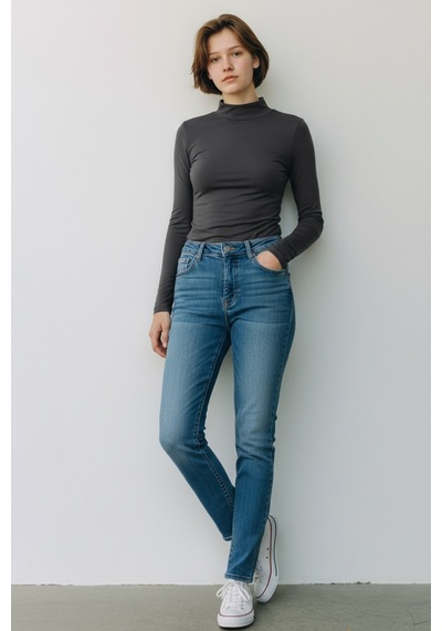 Feg Store Antrasit Uzun Kollu Yumuşak Dokunuşlu Balıkçı Yaka Kadın Body
