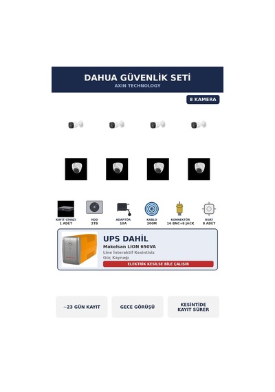 Dahua 8 Kameralı 2mp Ups'li Güvenlik Kamera Seti Sesli Gece Görüşlü Dome+bullet 2tb 23 Gün Kayıt