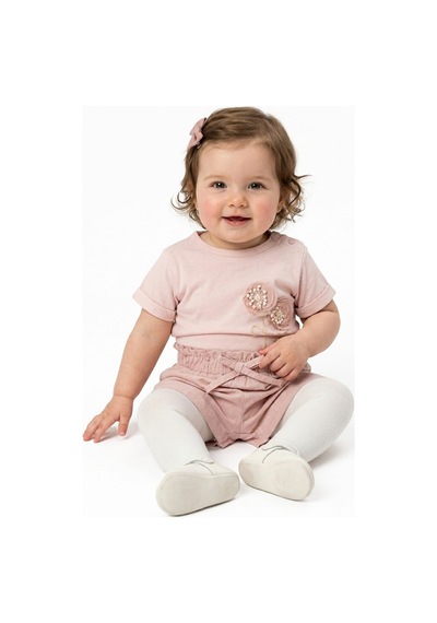 Bebegen Kız Bebek Pembe Tomurcuk Çiçek Kabartmalı Şortlu 2'li Takım Çok Renkli