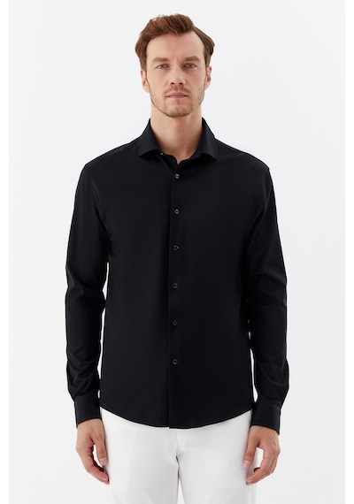Sabri Özel Erkek Siyah Dar Kesim Slim Fit %100 Pamuk Düz Dokuma Klasik Yaka Gömlek