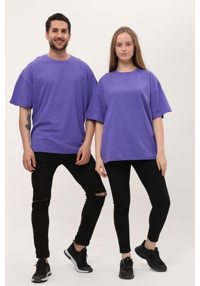 Unisex Mor Oversize Bol Kalıp T-shirt Çift Kombini Mor